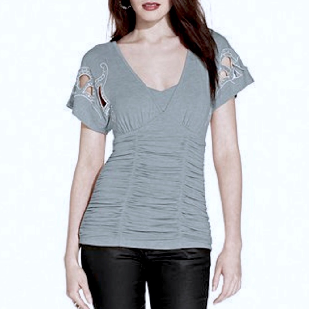 XOXO Heather Gray Embellished Ruched Cutout Top